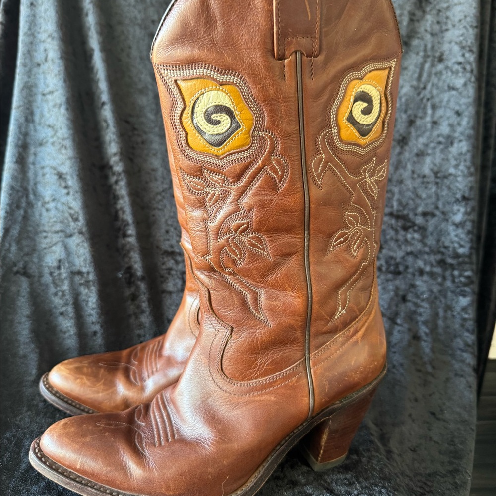 Brown Leather Western Boots with Leather Roses Embroidered by Earl Jeans